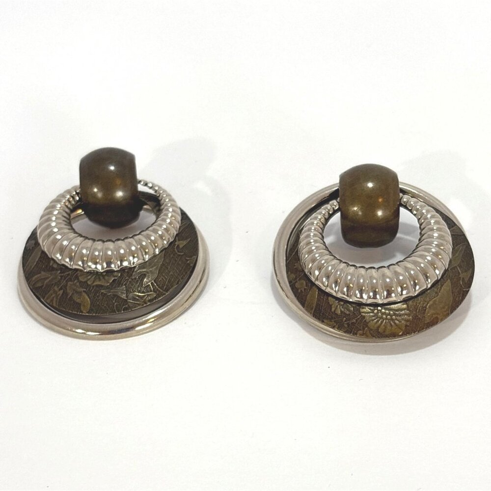 Vintage Green & Silver Tone Circular Dangle Earrings With Ornate Detailing